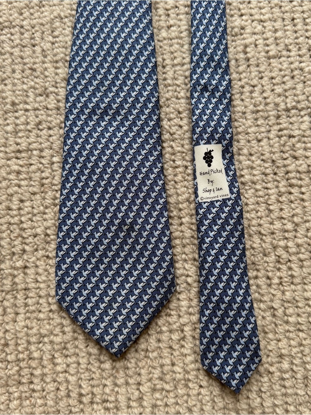 Vineyard Vines Blue Tie with Light Blue Hummingbird Pattern